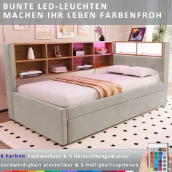 Generique Lit Gigogne 90x200 cm, Lit Enfant avec Port USB et Rangements Intégrés, Éclairage LED Intégré, Tissu Gris Clair - Sans Matelas* Lit Gigogne