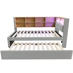 Generique Lit Gigogne 90x200 cm, Lit Enfant avec Port USB et Rangements Intégrés, Éclairage LED Intégré, Tissu Gris Clair - Sans Matelas* Lit Gigogne