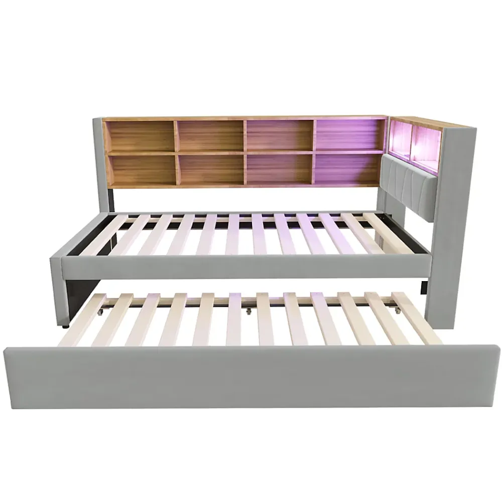 Generique Lit Gigogne 90x200 cm, Lit Enfant avec Port USB et Rangements Intégrés, Éclairage LED Intégré, Tissu Gris Clair - Sans Matelas* Lit Gigogne