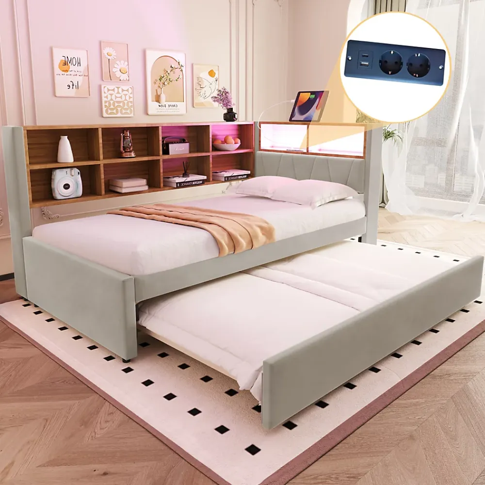 Generique Lit Gigogne 90x200 cm, Lit Enfant avec Port USB et Rangements Intégrés, Éclairage LED Intégré, Tissu Gris Clair - Sans Matelas* Lit Gigogne