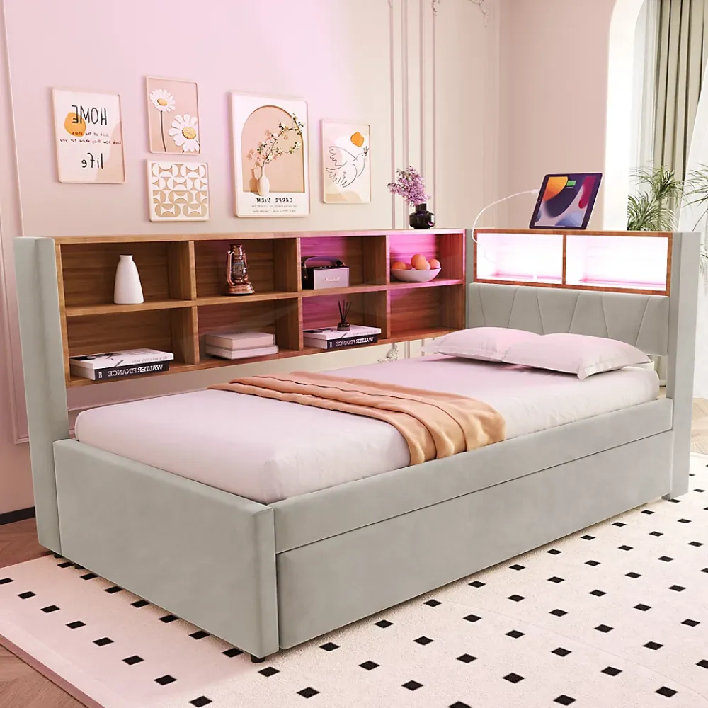 Generique Lit Gigogne 90x200 cm, Lit Enfant avec Port USB et Rangements Intégrés, Éclairage LED Intégré, Tissu Gris Clair - Sans Matelas* Lit Gigogne