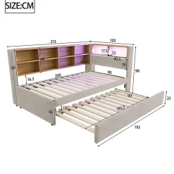 Generique Lit Gigogne 90x200 cm, Lit Enfant avec Port USB et Rangements Intégrés, Éclairage LED Intégré, Tissu Gris Clair - Sans Matelas* Lit Gigogne