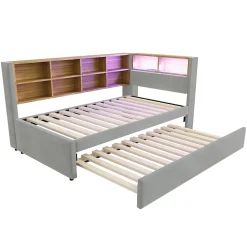 Generique Lit Gigogne 90x200 cm, Lit Enfant avec Port USB et Rangements Intégrés, Éclairage LED Intégré, Tissu Gris Clair - Sans Matelas* Lit Gigogne