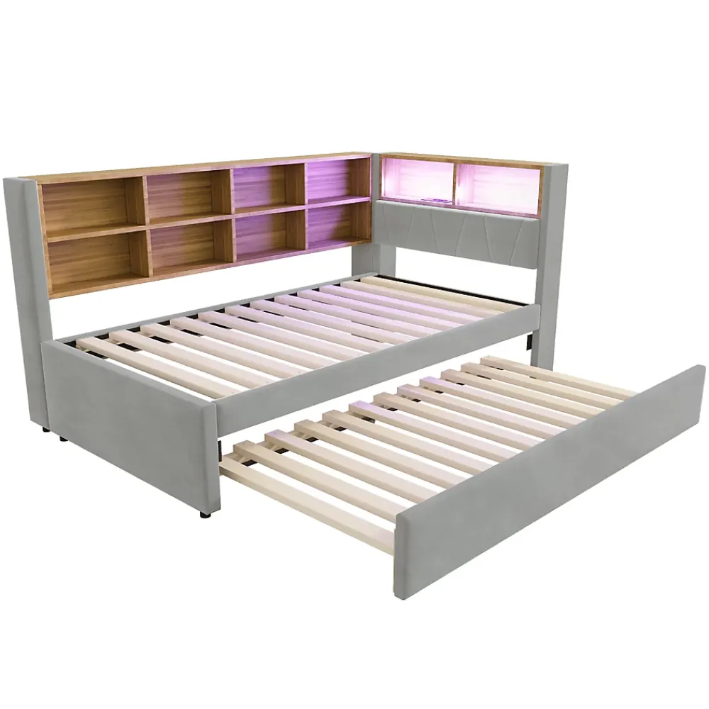 Generique Lit Gigogne 90x200 cm, Lit Enfant avec Port USB et Rangements Intégrés, Éclairage LED Intégré, Tissu Gris Clair - Sans Matelas* Lit Gigogne