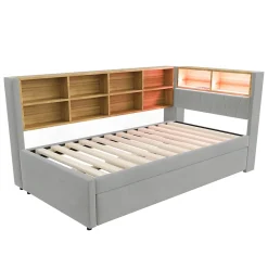Generique Lit Gigogne 90x200 cm, Lit Enfant avec Port USB et Rangements Intégrés, Éclairage LED Intégré, Tissu Gris Clair - Sans Matelas* Lit Gigogne