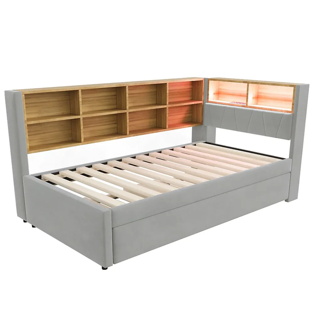 Generique Lit Gigogne 90x200 cm, Lit Enfant avec Port USB et Rangements Intégrés, Éclairage LED Intégré, Tissu Gris Clair - Sans Matelas* Lit Gigogne