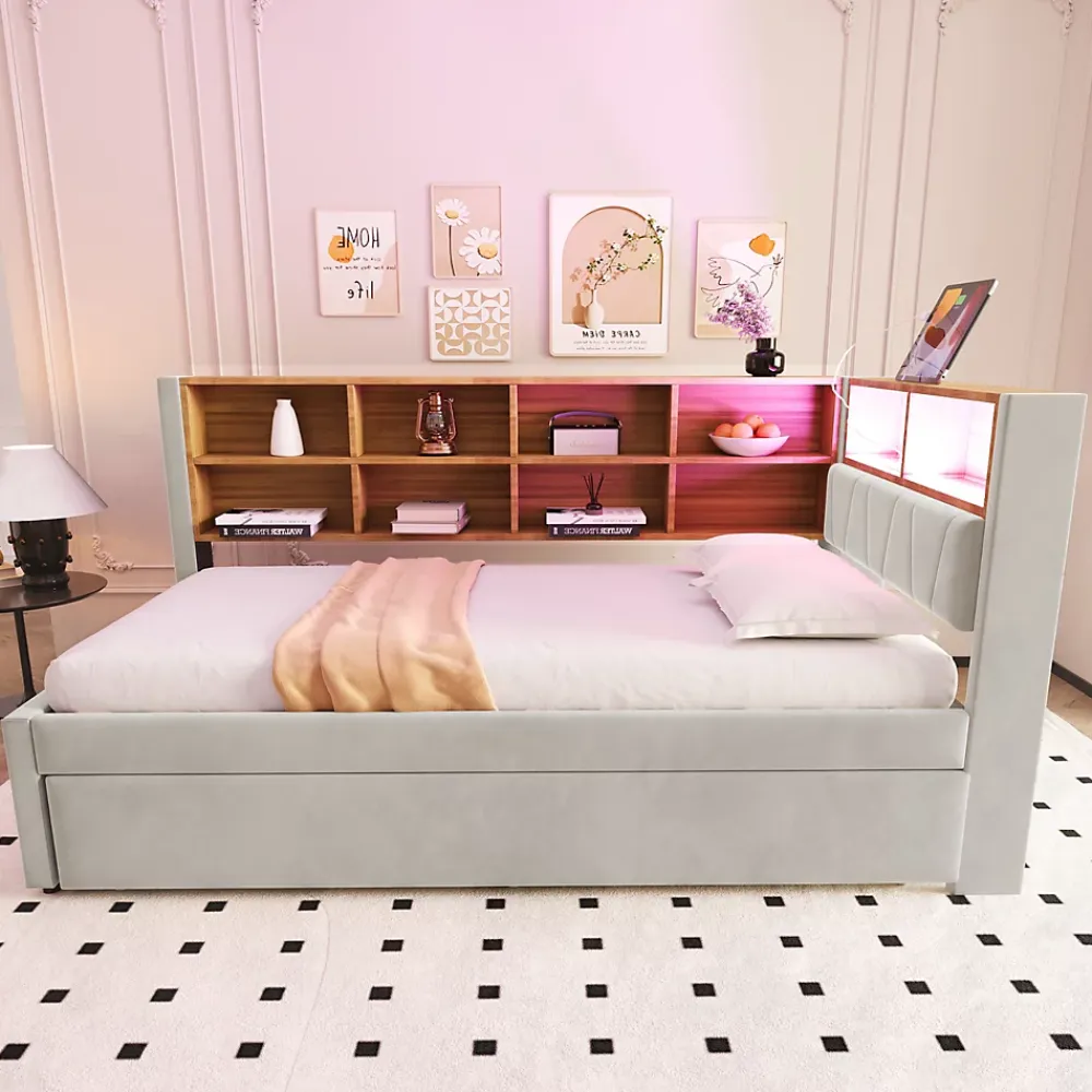 Generique Lit Gigogne 90x200 cm, Lit Enfant avec Port USB et Rangements Intégrés, Éclairage LED Intégré, Tissu Gris Clair - Sans Matelas* Lit Gigogne