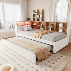 Lit Gigogne 90x200 cm, Lit Simple avec LED et Rangement Coulissant, Pratique pour Chambre enfant ou Ado - Sans Matelas - Beige>Okwish Discount
