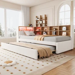 Lit Gigogne 90x200 cm, Lit Simple avec LED et Rangement Coulissant, Pratique pour Chambre enfant ou Ado - Sans Matelas - Beige>Okwish Discount