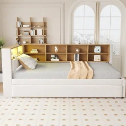 Lit Gigogne 90x200 cm, Lit Simple avec LED et Rangement Coulissant, Pratique pour Chambre enfant ou Ado - Sans Matelas - Beige><noscript><img width=