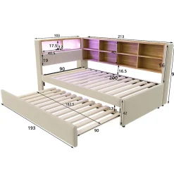 Lit Gigogne 90x200 cm, Lit Simple avec LED et Rangement Coulissant, Pratique pour Chambre enfant ou Ado - Sans Matelas - Beige><noscript><img width=