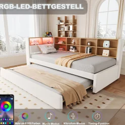 Lit Gigogne 90x200 cm, Lit Simple avec LED et Rangement Coulissant, Pratique pour Chambre enfant ou Ado - Sans Matelas - Beige><noscript><img width=