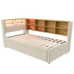 Lit Gigogne 90x200 cm, Lit Simple avec LED et Rangement Coulissant, Pratique pour Chambre enfant ou Ado - Sans Matelas - Beige><noscript><img width=