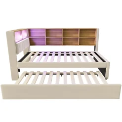 Lit Gigogne 90x200 cm, Lit Simple avec LED et Rangement Coulissant, Pratique pour Chambre enfant ou Ado - Sans Matelas - Beige><noscript><img width=
