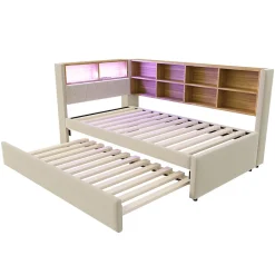 Lit Gigogne 90x200 cm, Lit Simple avec LED et Rangement Coulissant, Pratique pour Chambre enfant ou Ado - Sans Matelas - Beige><noscript><img width=