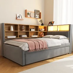 Lit Gigogne 90x200 cm, Lit Simple enfant avec Port USB et Rangements Intégrés - Tissu Gris Foncé - Sans Matelas>Okwish New
