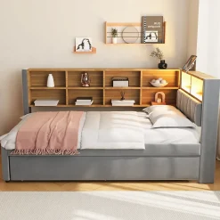 Lit Gigogne 90x200 cm, Lit Simple enfant avec Port USB et Rangements Intégrés - Tissu Gris Foncé - Sans Matelas><noscript><img width=