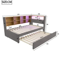 Lit Gigogne 90x200 cm, Lit Simple enfant avec Port USB et Rangements Intégrés - Tissu Gris Foncé - Sans Matelas><noscript><img width=