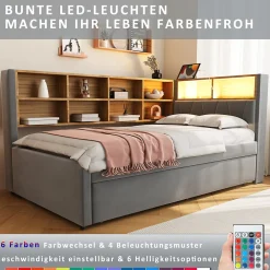 Lit Gigogne 90x200 cm, Lit Simple enfant avec Port USB et Rangements Intégrés - Tissu Gris Foncé - Sans Matelas><noscript><img width=