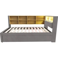 Lit Gigogne 90x200 cm, Lit Simple enfant avec Port USB et Rangements Intégrés - Tissu Gris Foncé - Sans Matelas><noscript><img width=
