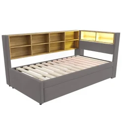 Lit Gigogne 90x200 cm, Lit Simple enfant avec Port USB et Rangements Intégrés - Tissu Gris Foncé - Sans Matelas><noscript><img width=