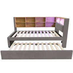 Lit Gigogne 90x200 cm, Lit Simple enfant avec Port USB et Rangements Intégrés - Tissu Gris Foncé - Sans Matelas><noscript><img width=