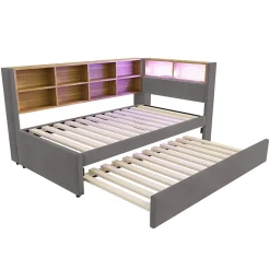 Lit Gigogne 90x200 cm, Lit Simple enfant avec Port USB et Rangements Intégrés - Tissu Gris Foncé - Sans Matelas><noscript><img width=