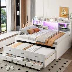 Lit Gigogne 140x200 cm, Lit Tiroir et 3 Tiroirs Multifonction avec LED Télécommande et Ports USB Type-C - Blanc, Sans Matelas>Okwish New