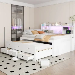 Lit Gigogne 140x200 cm, Lit Tiroir et 3 Tiroirs Multifonction avec LED Télécommande et Ports USB Type-C - Blanc, Sans Matelas>Okwish New