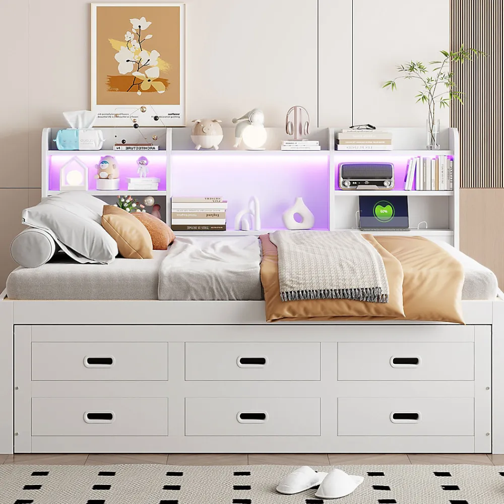 Lit Gigogne 140x200 cm, Lit Tiroir et 3 Tiroirs Multifonction avec LED Télécommande et Ports USB Type-C - Blanc, Sans Matelas>Okwish New