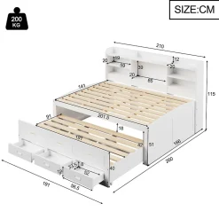 Lit Gigogne 140x200 cm, Lit Tiroir et 3 Tiroirs Multifonction avec LED Télécommande et Ports USB Type-C - Blanc, Sans Matelas><noscript><img width=