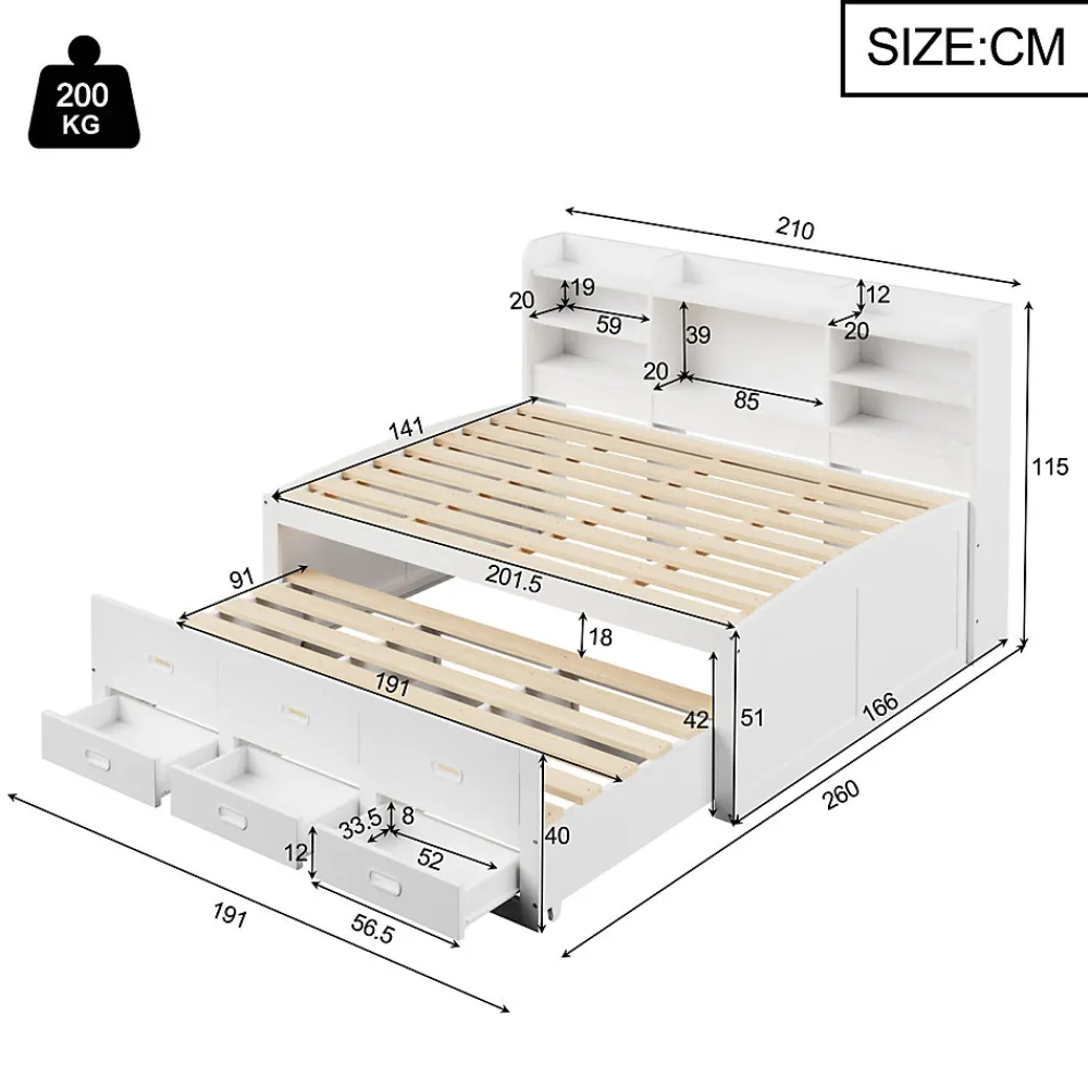 Lit Gigogne 140x200 cm, Lit Tiroir et 3 Tiroirs Multifonction avec LED Télécommande et Ports USB Type-C - Blanc, Sans Matelas>Okwish New