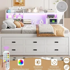 Lit Gigogne 140x200 cm, Lit Tiroir et 3 Tiroirs Multifonction avec LED Télécommande et Ports USB Type-C - Blanc, Sans Matelas><noscript><img width=