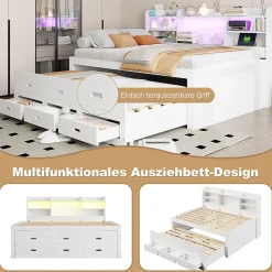 Lit Gigogne 140x200 cm, Lit Tiroir et 3 Tiroirs Multifonction avec LED Télécommande et Ports USB Type-C - Blanc, Sans Matelas><noscript><img width=