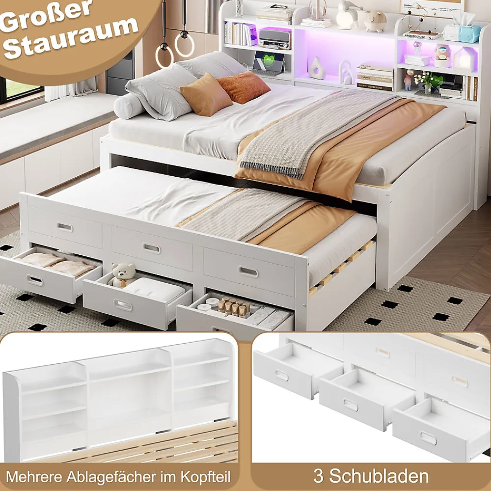 Lit Gigogne 140x200 cm, Lit Tiroir et 3 Tiroirs Multifonction avec LED Télécommande et Ports USB Type-C - Blanc, Sans Matelas>Okwish New