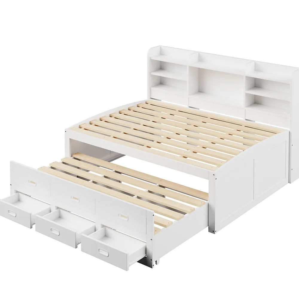 Lit Gigogne 140x200 cm, Lit Tiroir et 3 Tiroirs Multifonction avec LED Télécommande et Ports USB Type-C - Blanc, Sans Matelas>Okwish New
