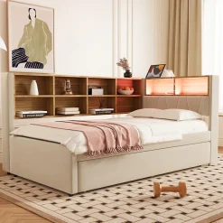 Lit Gigogne 90x200 cm pour enfant ou Ado, Lit 90x190 cm avec Port USB et Rangements Intégrés - Tissu Beige - Sans Matelas>Generique Outlet