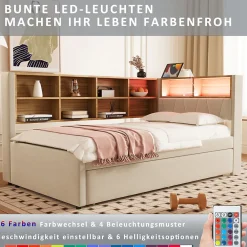 Lit Gigogne 90x200 cm pour enfant ou Ado, Lit 90x190 cm avec Port USB et Rangements Intégrés - Tissu Beige - Sans Matelas><noscript><img width=