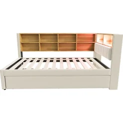 Lit Gigogne 90x200 cm pour enfant ou Ado, Lit 90x190 cm avec Port USB et Rangements Intégrés - Tissu Beige - Sans Matelas><noscript><img width=