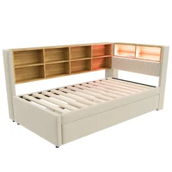 Lit Gigogne 90x200 cm pour enfant ou Ado, Lit 90x190 cm avec Port USB et Rangements Intégrés - Tissu Beige - Sans Matelas><noscript><img width=