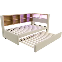 Lit Gigogne 90x200 cm pour enfant ou Ado, Lit 90x190 cm avec Port USB et Rangements Intégrés - Tissu Beige - Sans Matelas><noscript><img width=