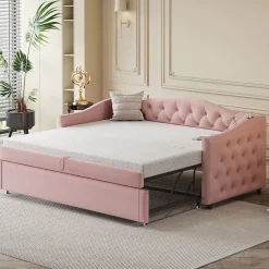 Lit Gigogne 90x200 cm, Tissu Lin Rose, Canapé Classique avec Boutons Décoratifs, Lit d'Appoint Multifonction - Sans Matelas>Okwish