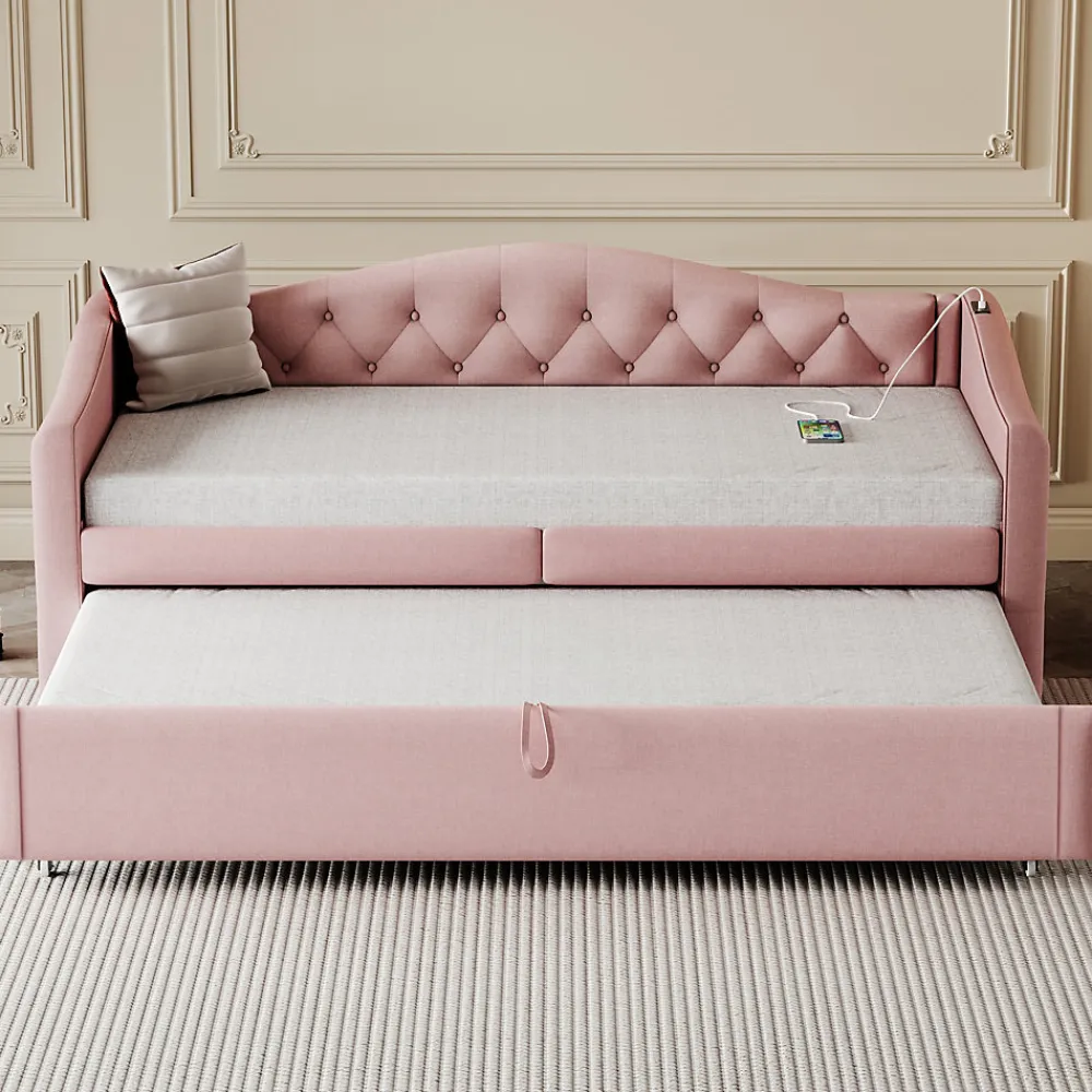 Lit Gigogne 90x200 cm, Tissu Lin Rose, Canapé Classique avec Boutons Décoratifs, Lit d'Appoint Multifonction - Sans Matelas>Okwish