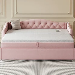 Lit Gigogne 90x200 cm, Tissu Lin Rose, Canapé Classique avec Boutons Décoratifs, Lit d'Appoint Multifonction - Sans Matelas><noscript><img width=