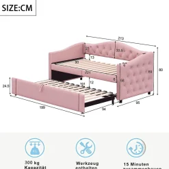 Lit Gigogne 90x200 cm, Tissu Lin Rose, Canapé Classique avec Boutons Décoratifs, Lit d'Appoint Multifonction - Sans Matelas><noscript><img width=