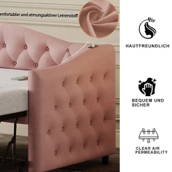 Lit Gigogne 90x200 cm, Tissu Lin Rose, Canapé Classique avec Boutons Décoratifs, Lit d'Appoint Multifonction - Sans Matelas><noscript><img width=