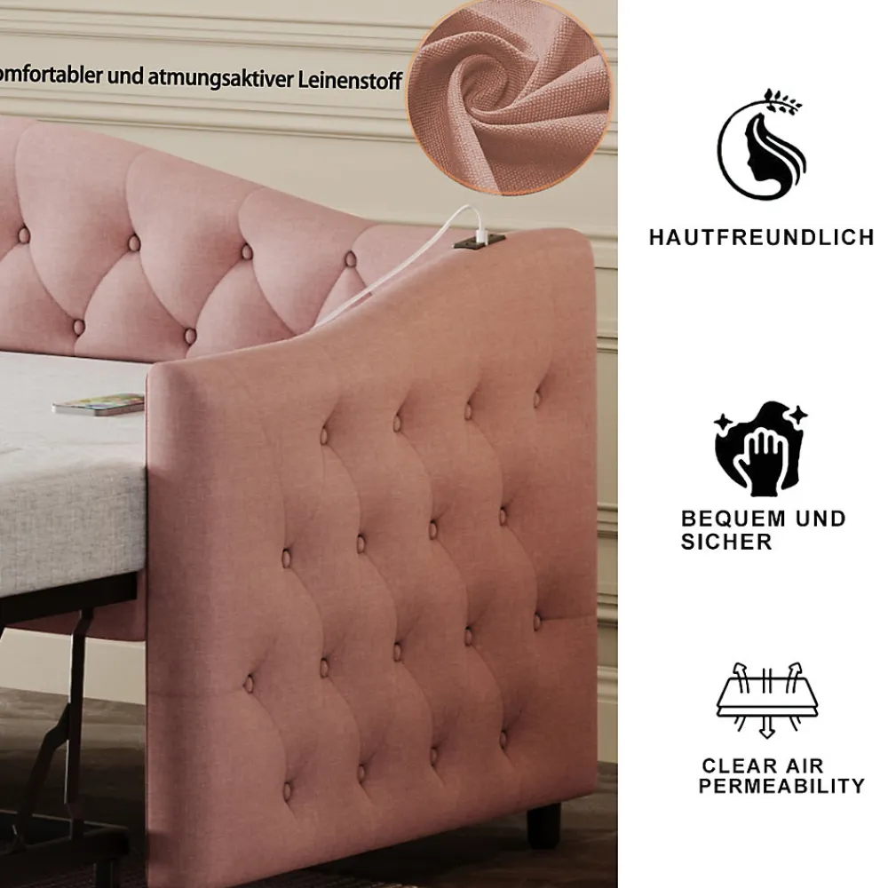 Lit Gigogne 90x200 cm, Tissu Lin Rose, Canapé Classique avec Boutons Décoratifs, Lit d'Appoint Multifonction - Sans Matelas>Okwish