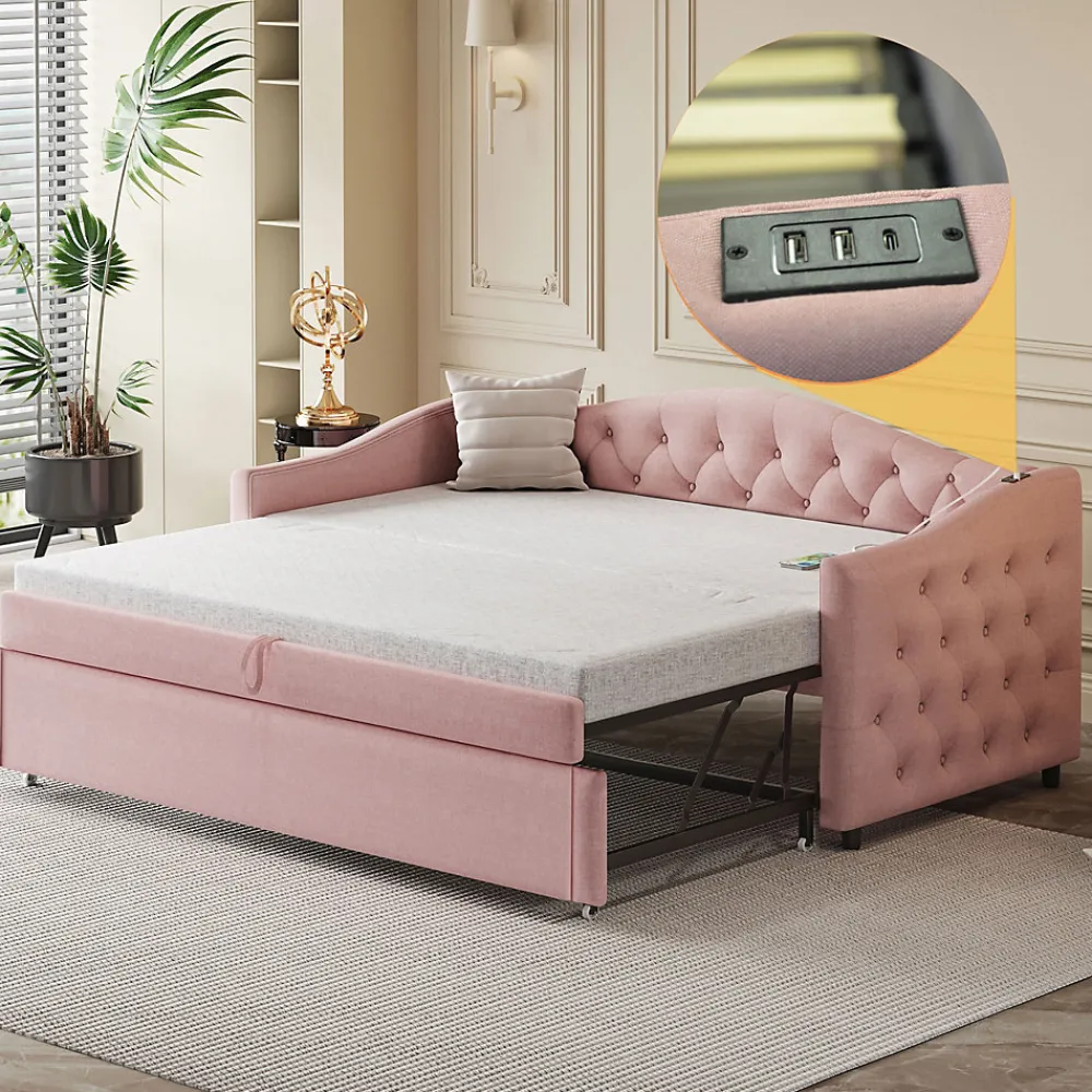 Lit Gigogne 90x200 cm, Tissu Lin Rose, Canapé Classique avec Boutons Décoratifs, Lit d'Appoint Multifonction - Sans Matelas>Okwish