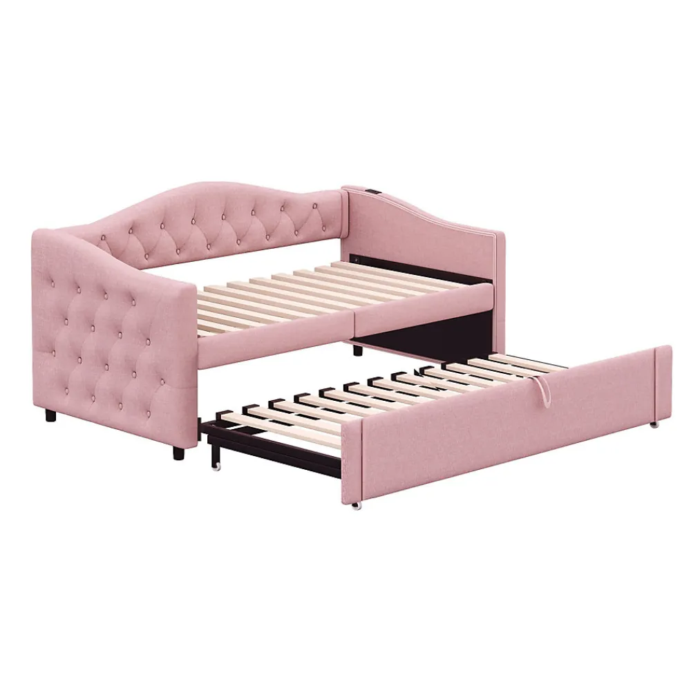 Lit Gigogne 90x200 cm, Tissu Lin Rose, Canapé Classique avec Boutons Décoratifs, Lit d'Appoint Multifonction - Sans Matelas>Okwish