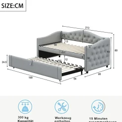 Okwish Lit Gigogne 90x200 cm, Tissu Lin Gris, Canapé Classique avec Boutons Décoratifs, Lit d'Appoint Multifonction - Sans Matelas* Lit Gigogne